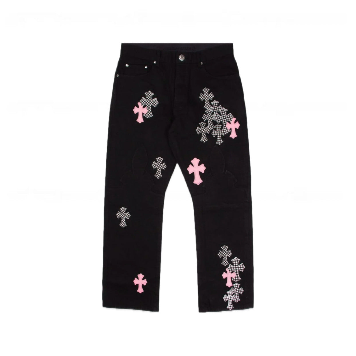 Chrome Hearts Pink & Checkered Cross Patch Fleur Knee Jeans