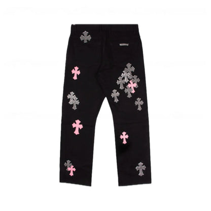 Chrome Hearts Pink & Checkered Cross Patch Fleur Knee Jeans